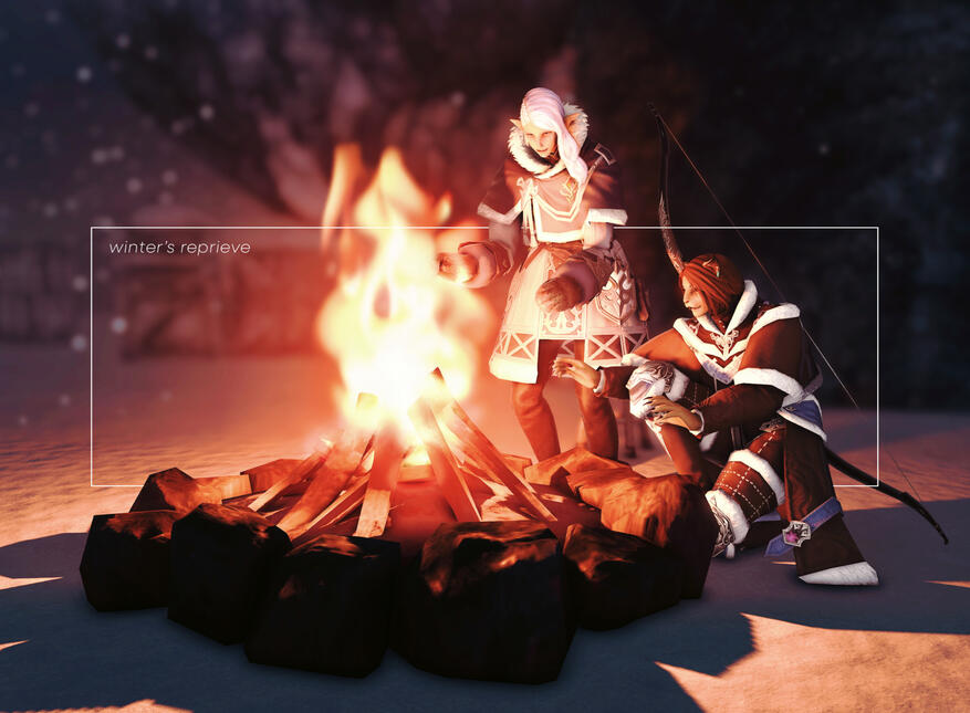 Reina and Laramie keeping warm amidst a Coerthas hunting trip.