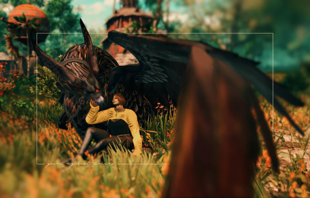 Reina and her dear griffin companion, Waman, enjoying a lazy afternoon in Yak T'el.